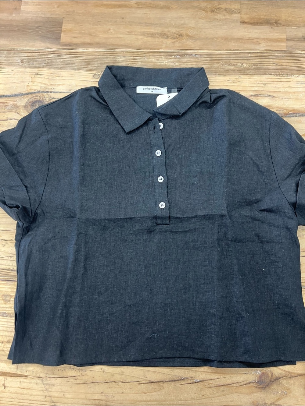 perfectwhitetee Black Tabitha Button-Front Linen Polo Shirt